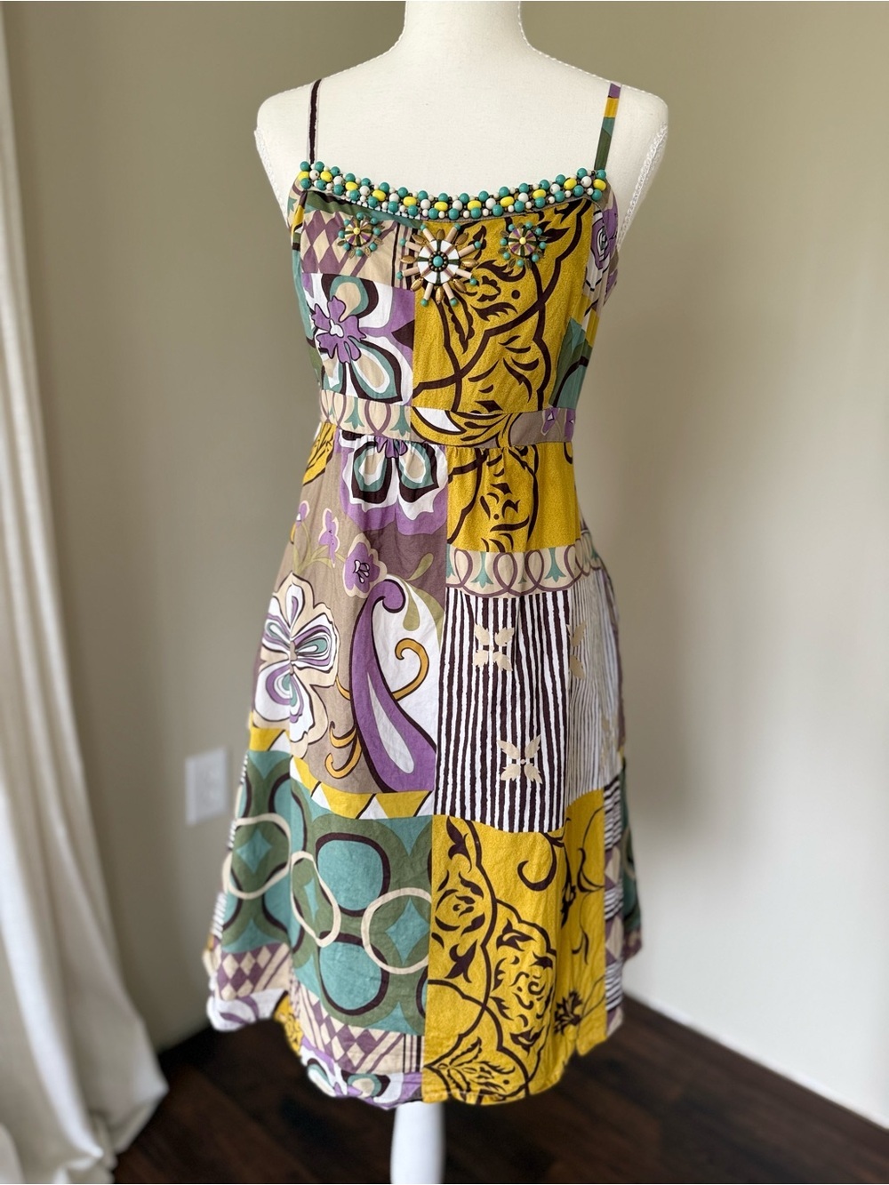 Vintage CAbi Multicolor Patchwork Sundress with Mustard Purple Teal Beading - Picture 3 of 9